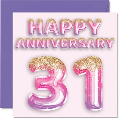 Afbeelding van Mooie 31e verjaardag kaart voor vrouw vriendin man vriend roze paarse glitter ballonnen Happy 31 Anniversary Cards uit Family, 145 mm x wenskaarten eenendertigste jubilea