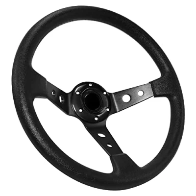 Afbeelding van Acclcors Universeel racestuurwiel, driftstuurwiel, gaming stuurwiel, 34,5 cm, 6 schroefgaten, bekleed met vinylleer, diepe schotel claxon knop voor racen/rally/motorsport/autosimulator, zwart