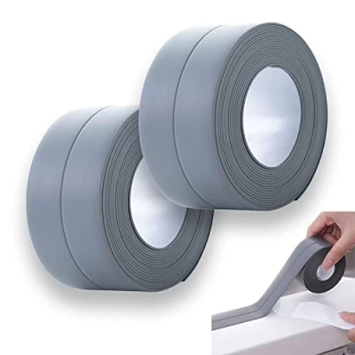 Afbeelding van Set van 2 stuks zelfklevende afdichtingstape, afdichtingstape waterdichte tape, badkamer, toilet, badkuip, spleetnaadafdichtingstape grijs