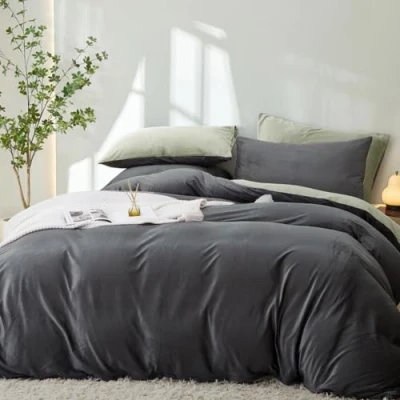 Afbeelding van Lanqinglv Pluizig beddengoed, 135 x 200 cm, groen, grijs, winter, pluche, flanel, fleece, omkeerbaar beddengoedset, warme kasjmier touch, dekbedovertrek met ritssluiting en 1 kussensloop 80