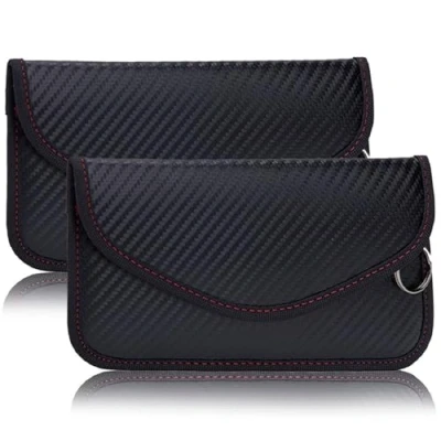 Afbeelding van Keyless Go Bescherming, 2 stuks koolstofvezel leer Faraday Bag RFID Blocker autosleutel hoes sleuteletui kleine stralingsbescherming tas met haak en sleutelring, zwart, Eén maat, modern