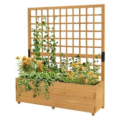 Afbeelding van ML Design Plantenbak met Trellis 119,5x139x36,5 cm Bruin Massief Houten Tuinrek Verhoogd Plantenbed Latwerk Bloembak Klimrek voor Klimplanten Tuinbak Balkon Terras en Tuin