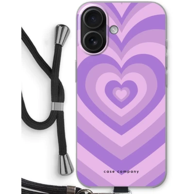 Afbeelding van Case Company® hoesje met Koord geschikt voor iPhone 16 Hart Paars Telefoonhoesje Zwart Bescherming aan alle Kanten en Over de Schermrand