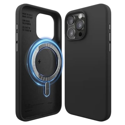 Afbeelding van elago Magnetische Silicone Hoesje Compatibel met iPhone 15 Pro Max Case, MagSafe Alle Accessoires, Ingebouwde Magneten, Premie Siliconen [5 Laags Structuur] (Zwart)