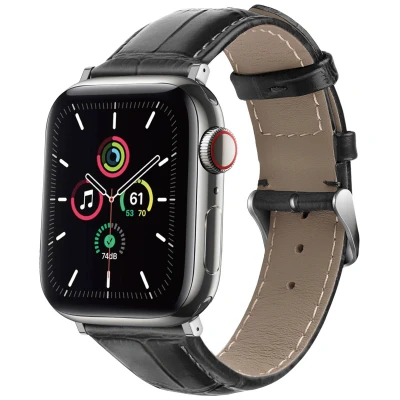 Afbeelding van Apple Watch Lederen krokodil bandje Zwart Geschikt voor Series1/2/3/4/5/6/7/8/9/10/SE (38/40/41 mm) Series 10 (42