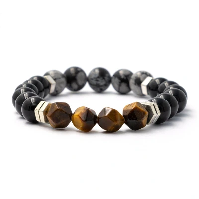 Afbeelding van Bixorp Gems Sneeuwvlok Obsidiaan + Onyx Hoekige Tijgeroog Edelstenen Armband 8mm / 18cm Edelsteen Kralenarmband