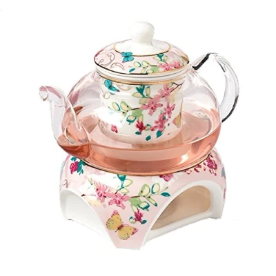 Afbeelding van YBK Tech Bone China en glazen koffiepot theepot met warmer thee ei (roze (vlinderpatronen))