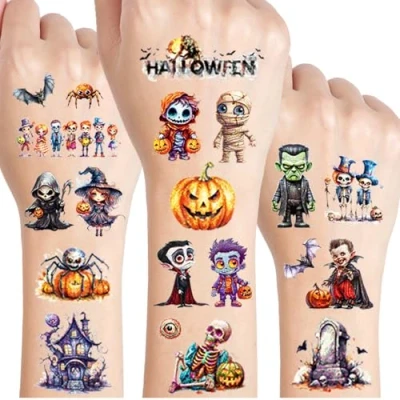 Afbeelding van Halloween Glitter Tattoo Set, 12 Vellen Tijdelijke Tatoeages voor Kinderen, Geschenken Gongens en Meisjes, Halloweendecoratie, Verjaardagsfeestje Bag Filler