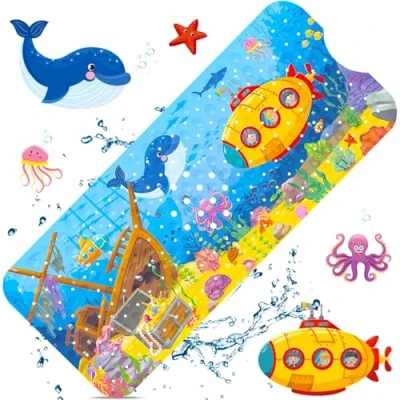 Afbeelding van GUHAOOL Antislip kinderbadmat 100 x 40 cm, badmat kinderen, antislipmat douchemat, badkuip met 200 zuignappen, BPA vrij, schimmelbestendig, machinewasbaar