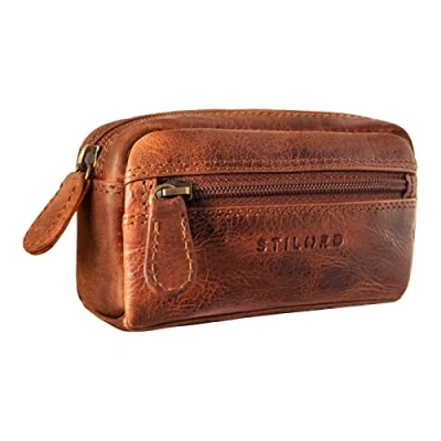 Afbeelding van STILORD &#039;Neal&#039; Vintage Lederen Sleuteletui Kleine Kaart Houder RFID Bescherming voor Mannen Vrouwen met Sleutelhanger Slim Wallet Key Organizer Echt Leer, Kleur:kara cognac