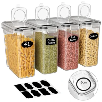 Afbeelding van Luchtdichte voedselcontainers, 4 stuks, kunststof container met deksel, voedselcontainer voor granen, muesli, meel, cornflakes