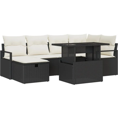 Afbeelding van vidaXL 7 Delige Tuin Sofa Set met Kussens Zwart Poly Rattan, 2 Zits Tuinsofa Opbergruimte &amp; Rattan