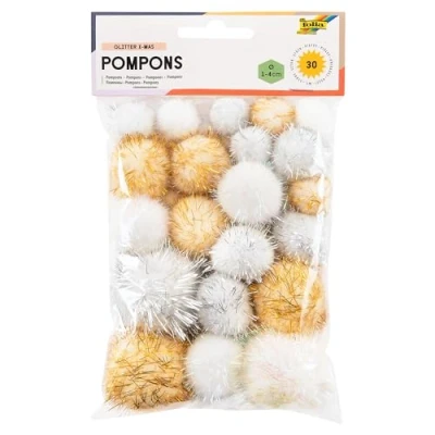 Afbeelding van folia 50313 Pompons &quot;Glitter X Mas&quot;, 30 pluizige ballen gesorteerd in verschillende maten en kleuren, ideaal voor kleurrijke knutselwerkzaamheden