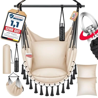 Afbeelding van KESSER® Safari hangstoel met 2 kussens, bekerhouders en boekenvak, XXL voor volwassenen kinderen hangmat, tot 150 kg hangstoel, ophanging binnen buiten, woonkamer tuin terras Beige
