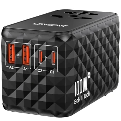 Afbeelding van LENCENT 100W Reisadapter Wereldwijd, GaN3 Snellader Universele Reisstekker met 2 USB C+2 QC USB, Alles in één Internationale Stekker voor Telefoons, Laptops, 200+ Landen, EU UK DE VS Type A/C/G/I