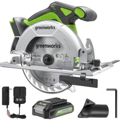Afbeelding van Greenworks 24V borstelloze 6 1/2&quot; cirkelzaagset, 4800 tpm, instelbare zaagdiepte 45/90, met 2Ah accu en oplader
