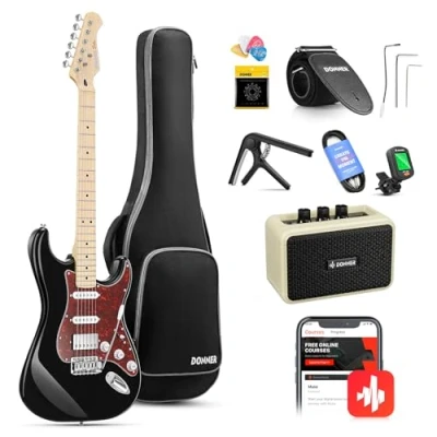 Afbeelding van Donner elektrische gitaar, 39&quot; Gitaar kit HSS Pickup Coil Split, Solid Body Starter Pack met versterker, tas, accessoires, DST 152B zwart