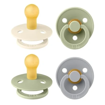 Afbeelding van BIBS Colour speen verpakking 4 stuks, BPA vrije fopspeen, Ronde speen. Natuurlijk rubberlatex, Geproduceerd in Denemarken/EU. Maat 1 (Verpakking stuks), Sage Mix