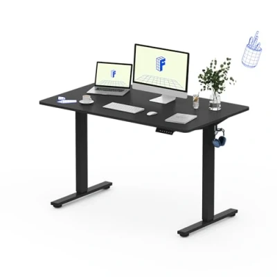 Afbeelding van FLEXISPOT EG1 Elektrisch in de hoogte verstelbaar sta zitbureau met werkblad, 120 x 60 cm, bureau voor thuis, blad 2 knoppen (zwart frame + zwart blad)