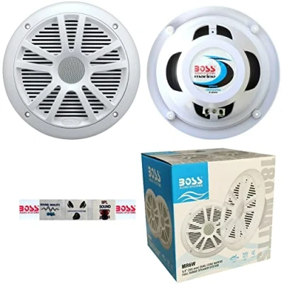 Afbeelding van KIT SET VOOR BOSS AUDIO SYSTEMS MR6W 2 dubbele conus marine speakers 6,5&quot; 16,50 cm 90 watt rms 180 max waterdicht wit, per paar + 5 gratis stickers