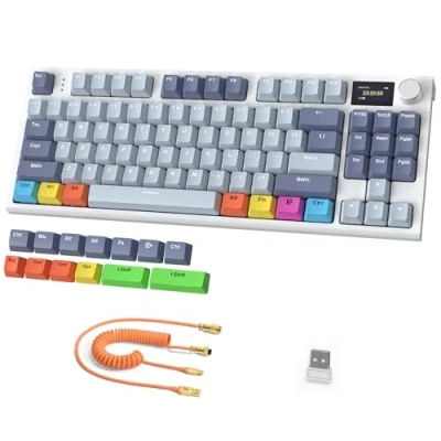 Afbeelding van RK86 Pro 75% Draadloos Mechanisch Toetsenbord, 2.4G/BT5.0/USB C Bedraad Tri mode Gamingtoetsenbord, QWERTY, 1,2&#039;&#039; TFT HD Kleurenscherm en Knob, RGB Backlit Hot Swap Linear Switch PBT Keycap Blauw