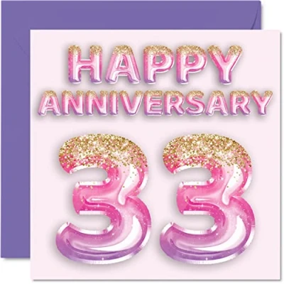 Afbeelding van Mooie 33e verjaardag kaart voor vrouw vriendin man vriend roze paarse glitter ballonnen Happy 33 Anniversary Cards uit Family, 145mm x Wenskaarten dertig derde jubilea
