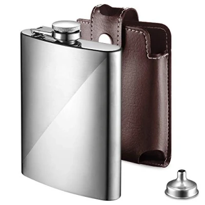 Afbeelding van ecooe Roestvrij Stalen Heupfles 227 ml / 8oz, Draagbare Zak Heupflessen van Staal voor Whisky met Trechter en Kunstleren Etui, Whiskey RVS Excursie, Trekking, Reizen (Bruin)