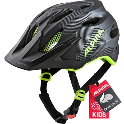 Afbeelding van ALPINA CARAPAX JR. Lichte, robuuste en veilige fietshelm met vliegennet optioneel ledlicht voor kinderen, zwart neon geel, 51 56 cm