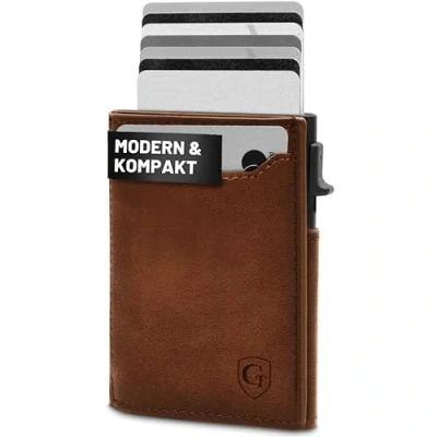 Afbeelding van GenTo Smartlet Push Portemonnee met muntenvak, metalen hoes, slim wallet, TÜV geteste RFID NFC bescherming, kleine portemonnee, dunne smalle kaarthouder, donkerbruin mat, Münzfach S + Front Fach,