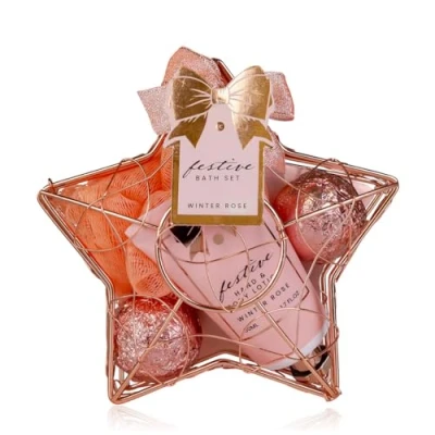 Afbeelding van Accentra Doucheset voor dames, cadeauset FESTIVE in stervormige draadmand rosé 3 delige verzorgingsset met hand en bodylotion, badfizzer netspons, verjaardag Kerstmis