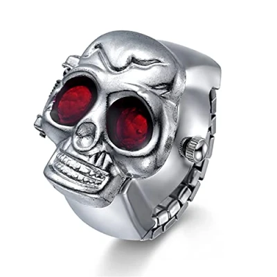 Afbeelding van JewelryWe Punk vingerhorloge voor dames en heren, rond, kwarts, horlogering, doodshoofd stijl, kleur naar keuze, H