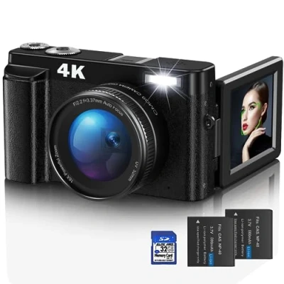 Afbeelding van Duluvulu Digitale camera, 4K UHD fotocamera, autofocus met 32G kaart, 48 MP vlogging camera 180 flip scherm en uv lens, compacte voor tieners, beginners volwassenen