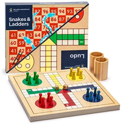 Afbeelding van Yellow Mountain Imports 2 in 1 Tweezijdige Houten Slangen en Ladders, Ludo Spel Set 29 centimeter
