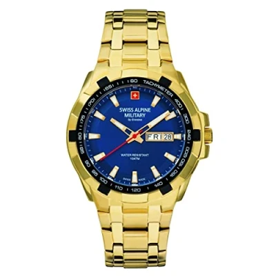 Afbeelding van Swiss Alpine Military Herenhorloge analoog kwarts 7043.1 roestvrij staal, Goud/Goud/Blauw 1115sam, armband