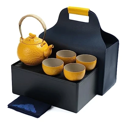 Afbeelding van TEANAGOO Draagbare Japanse Theeset voor Vrouwen, Oranje Reizen Keramische Theeset, 1 Theepot (700ml/25oz) + 4 Theekopjes (110ml/4oz), U4, Thee Dienblad Opbergdoos, Mooie Japan