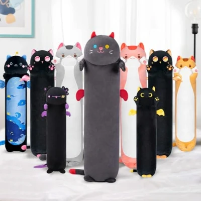 Afbeelding van Mewaii Lichaamskussen, langwerpig, pluche, voor kinderen vanaf 3 jaar, knuffeldier, zwart, kat, kawaii, gevuld, speelgoed, 70 cm