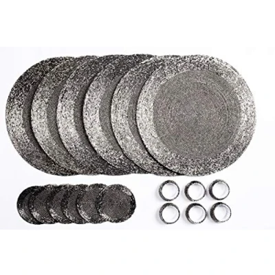 Afbeelding van Penguin Home Onderzetters Met Glazen Kralen, Servet ringen en ronde placemats 18 delig Set, Antiek Zilver