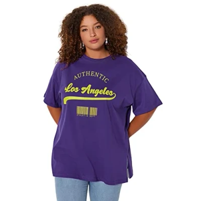 Afbeelding van Trendyol Paars Breed Patroon Ronde Hals Bedrukt 100% Katoenen Gebreid T Shirt Tbbss23Ah00131