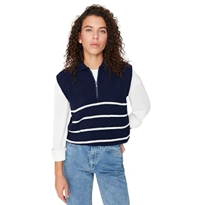 Afbeelding van Trendyol Standaard mouw Basis Marineblauwe gebreide trui met rits en strepen TWOAW23SV0007