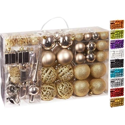 Afbeelding van BRUBAKER Kerstballen Set met Dennenappels, Kerstklokken, Geschenken, Kerstboompiek Kerstboomversiering 101 delen Champagne