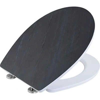 Afbeelding van Cornat Noir KSDSC240 Elegante natuursteenplaat, onderhoudsarm, Duroplast, snel op en schoon functie, softclosemechanisme, comfortabele montage vanaf bovenzit/toiletdeksel, houtskool