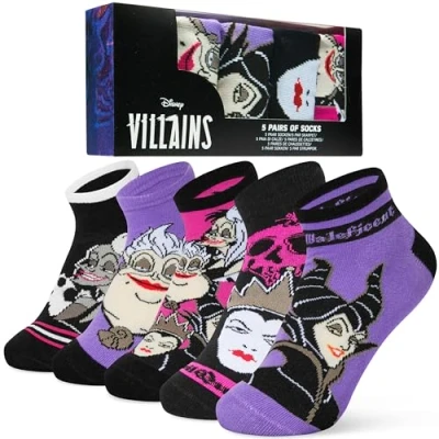 Afbeelding van Disney Dames enkelsokken, zachte en ademende sokken, set van 5 cadeaus voor haar, Multi Schurken, 2.5 7.5