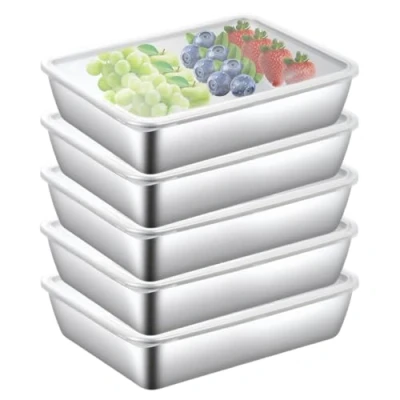Afbeelding van 5 stuks vleeswarendozen voor koelkast, vriescontainer, roestvrij stalen container met deksel, vershouddozen stapelbare roestvrijstalen doos, maalprep dozen kaas, vlees, worst en fruit