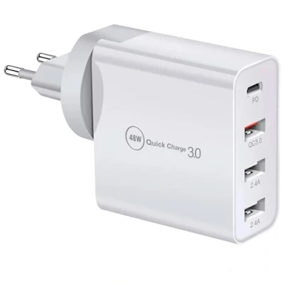 Afbeelding van 48 W USB C oplader, snellader, 4 poorten, Quick Charger PD 3.0, meervoudig compatibel met iPhone 15/14/13/12, Se, İpad, Samsung Galaxy, Huawei, Xiaomi, Power Adapter, A en Type voeding