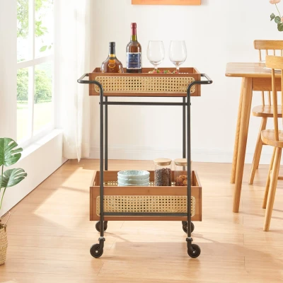 Afbeelding van Keukentrolley Tervola 80,5x61x39 cm zwart en houtkleurig rotan look [en.casa]