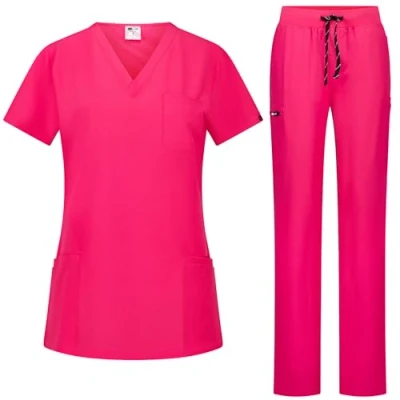 Afbeelding van B well Bella Scrubset voor dames, jas en broek, set, geneeskunde, arts, uniform, beroepskleding, dikke stof, roze, 3XL