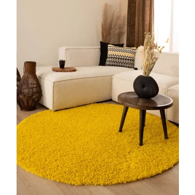 Afbeelding van Rond Hoogpolig Vloerkleed Shaggy Trend Effen Geel 120 Cm