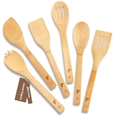 Afbeelding van houten lepels kookgerei,6 delige lepelset, spatel om te koken, lepel met sleuf, bamboe supoon, gebruiksvoorwerp, premium keukengerei (Bamboo spatel)