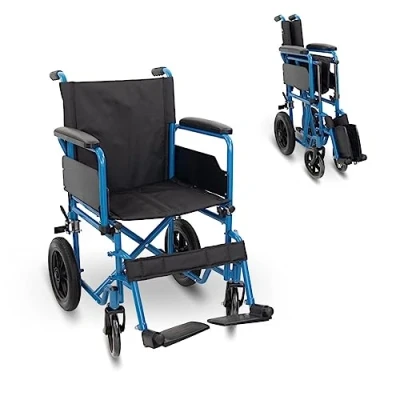 Afbeelding van Mobiclinic Marsella Rolstoel Vouwrolstoel Wielen met snelsluiting en drukknop Stevig Zitting 46cm Inklapbare voetsteun armleuningen Remhendel Blauw