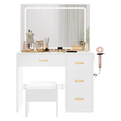 Afbeelding van YITAHOME Make uptafel met verstelbare ledverlichting en stopcontacten, kaptafel spiegel, 4 laden kruk, wit
